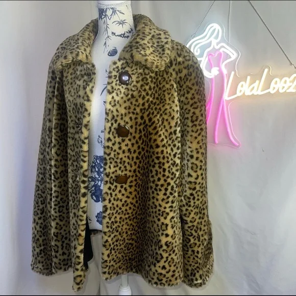 VINTAGE 90’s J. Percy for Marvin Richards Plush Leopard Faux Fur Swing Coat • L - Picture 5 of 12